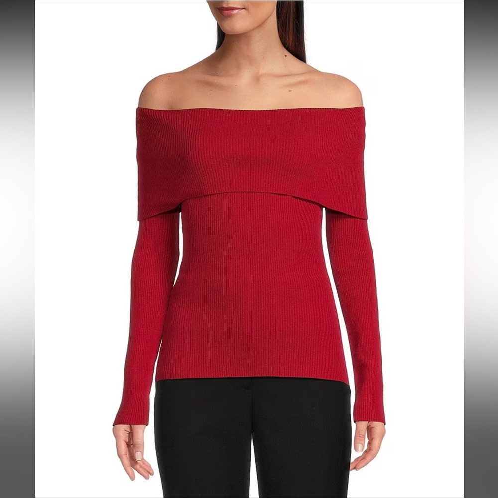 NWT Whitney Ribbed Knit Folded Off-the-Shoulder Long Sleeve Crimson Red Sweater